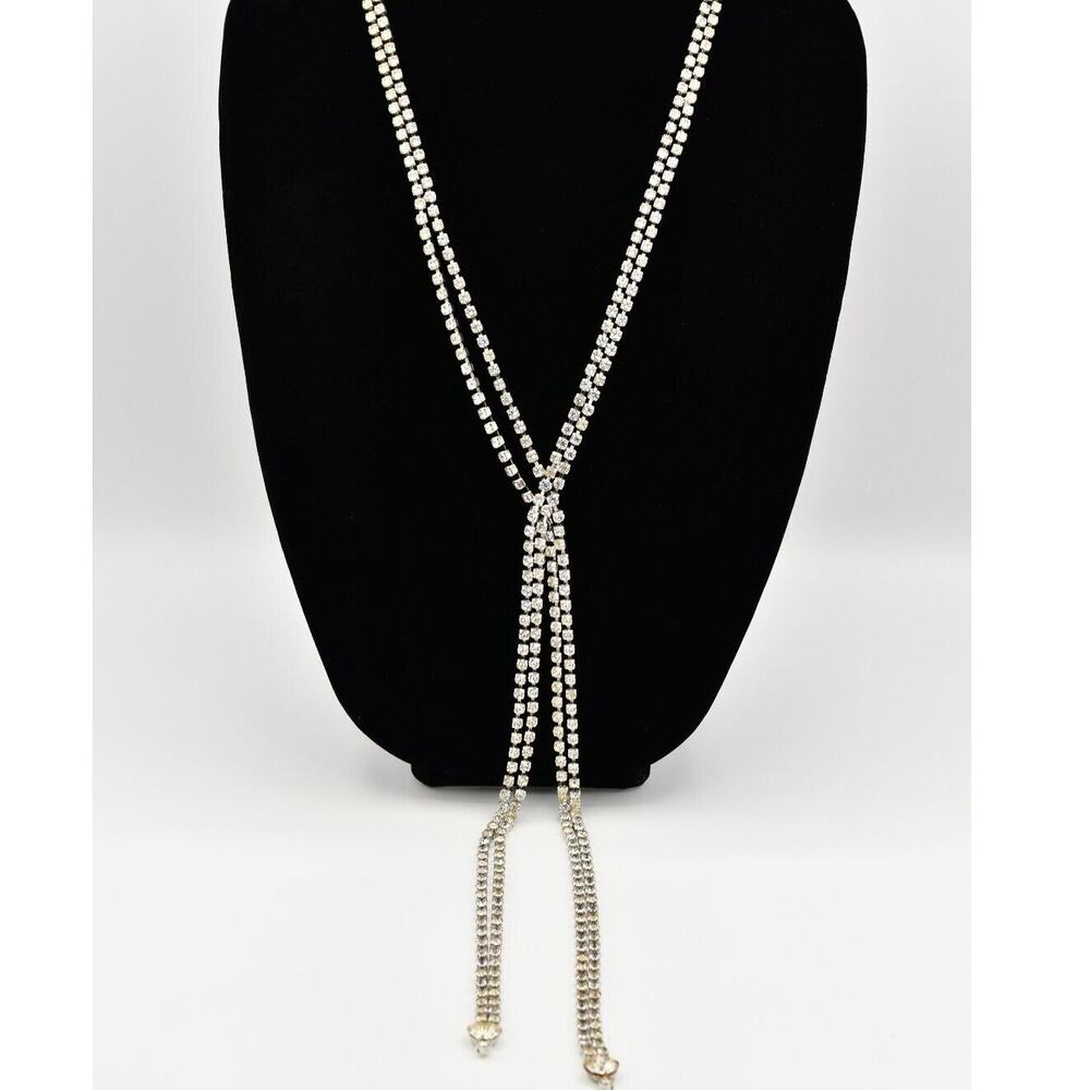 Vintage Crystal Necklace Prong Rhinestone Lariat Tie Wrap Retro Glitz 50s BinA17